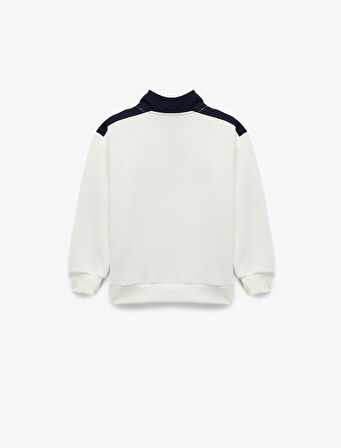 Uzun Kollu Renk Bloklu Baskılı Dik Yaka Yarım Fermuarlı Sweatshirt