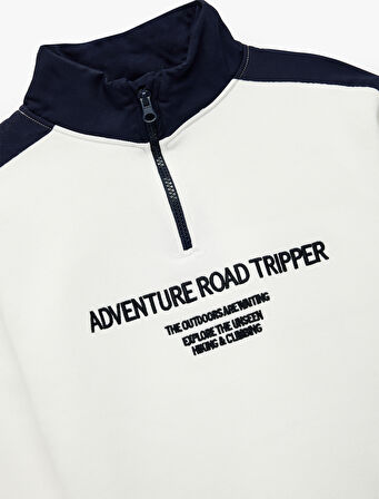 Uzun Kollu Renk Bloklu Baskılı Dik Yaka Yarım Fermuarlı Sweatshirt