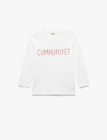 Uzun Kollu Bisiklet Yaka Pamuklu Cumhuriyet Baskılı Tişört