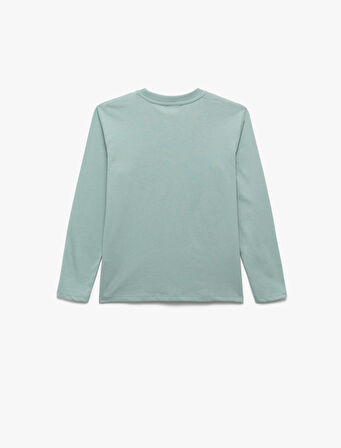 Pamuklu Uzun Kollu Bisiklet Yaka Dinozor Baskılı Tişört