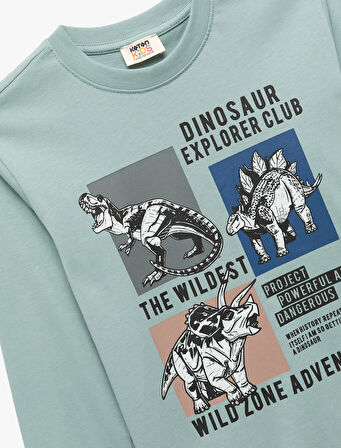 Pamuklu Uzun Kollu Bisiklet Yaka Dinozor Baskılı Tişört