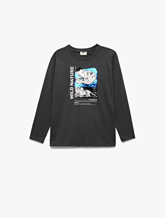 Bisiklet Yaka Uzun Kollu Pullu Payetli Dinozor Baskılı Pamuklu Tişört