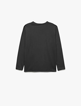 Bisiklet Yaka Uzun Kollu Pullu Payetli Dinozor Baskılı Pamuklu Tişört