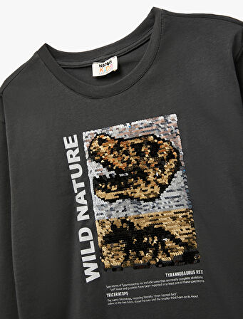 Bisiklet Yaka Uzun Kollu Pullu Payetli Dinozor Baskılı Pamuklu Tişört