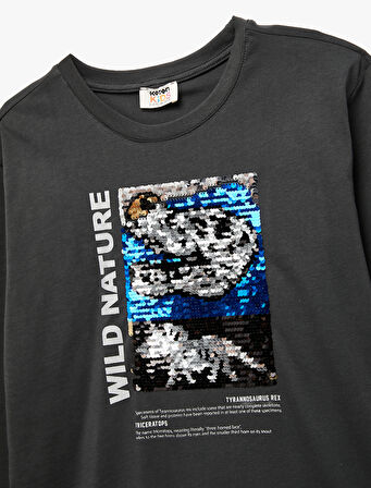 Bisiklet Yaka Uzun Kollu Pullu Payetli Dinozor Baskılı Pamuklu Tişört