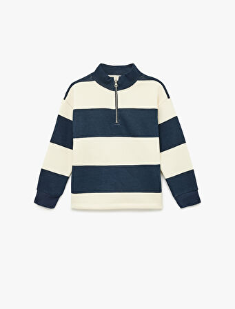 Fermuar Detaylı Uzun Kollu Dik Yaka Çizgili Sweatshirt