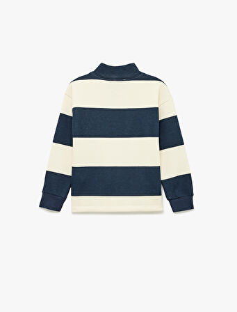 Fermuar Detaylı Uzun Kollu Dik Yaka Çizgili Sweatshirt