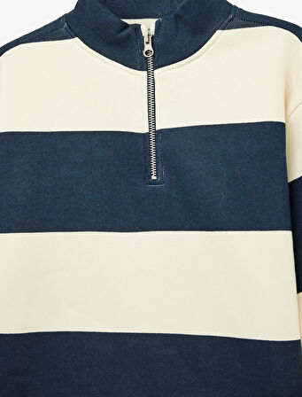 Fermuar Detaylı Uzun Kollu Dik Yaka Çizgili Sweatshirt
