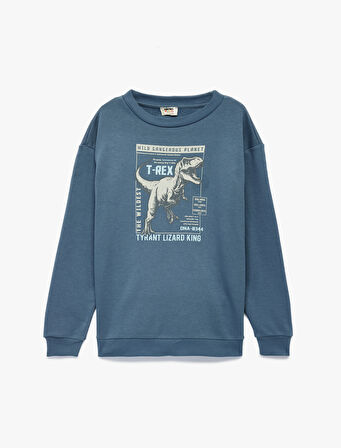 Uzun Kollu Bisiklet Yaka Şardonlu Dinozor Baskılı Sweatshirt