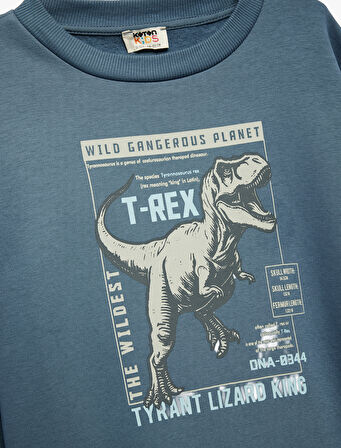 Uzun Kollu Bisiklet Yaka Şardonlu Dinozor Baskılı Sweatshirt