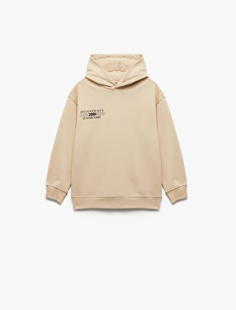 Şardonlu Uzun Kollu Pamuklu Baskılı Oversize Kapşonlu Sweatshirt