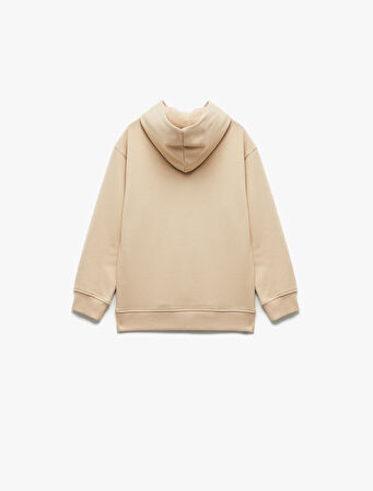 Şardonlu Uzun Kollu Pamuklu Baskılı Oversize Kapşonlu Sweatshirt