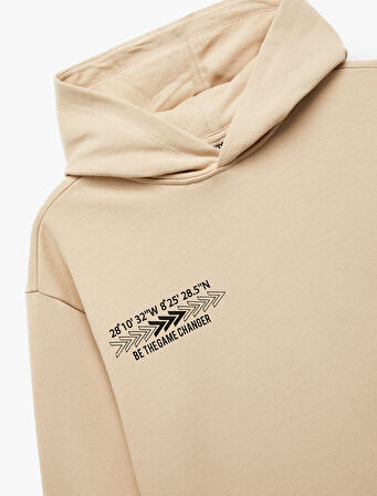 Şardonlu Uzun Kollu Pamuklu Baskılı Oversize Kapşonlu Sweatshirt