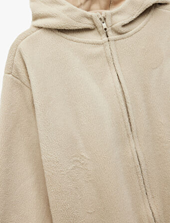 Uzun Kollu Fermuarlı Kapşonlu Polar Sweatshirt