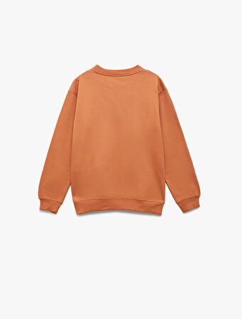 Pamuklu Uzun Kollu Bisiklet Yaka Baskılı Oversize Sweatshirt