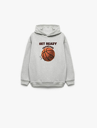 Basketbol Baskılı Şardonlu Uzun Kollu Kapşonlu Sweatshirt