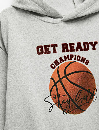 Basketbol Baskılı Şardonlu Uzun Kollu Kapşonlu Sweatshirt