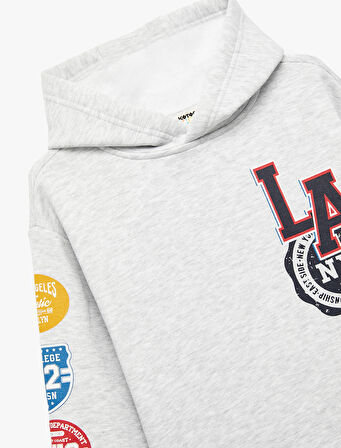 Baskılı Uzun Kollu Şardonlu Kapşonlu Sweatshirt