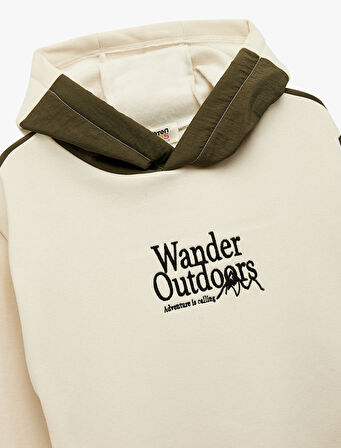 Şardonlu Uzun Kollu Kapşonlu Nakış Detaylı Sweatshirt