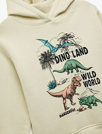 Şardonlu Dinozor Baskılı Uzun Kollu Kapşonlu Sweatshirt