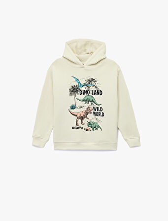 Şardonlu Dinozor Baskılı Uzun Kollu Kapşonlu Sweatshirt