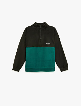 Dik Yaka Uzun Kollu Renk Bloklu Polar Sweatshirt