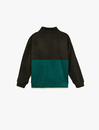 Dik Yaka Uzun Kollu Renk Bloklu Polar Sweatshirt