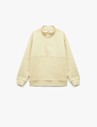 Şardonlu Uzun Kollu Çıtçıt Detaylı Dik Yaka Sweatshirt