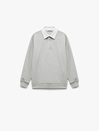 Şardonlu Uzun Kollu Düğmeli Gömlek Yaka Sweatshirt