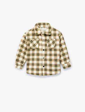 Düğmeli Uzun Kollu Ekoseli Polar Gömlek Ceket