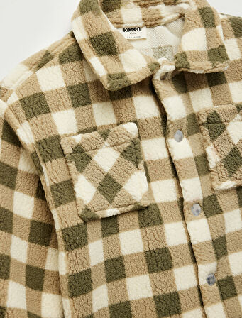 Düğmeli Uzun Kollu Ekoseli Polar Gömlek Ceket