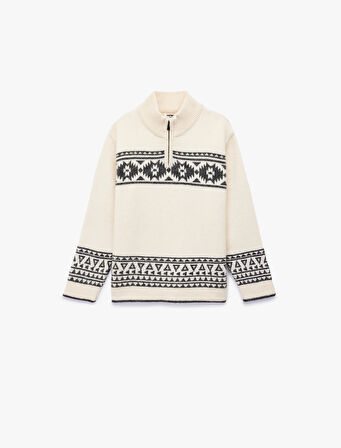 Yarım Fermuarlı Dik Yaka Uzun Kollu Triko Kazak