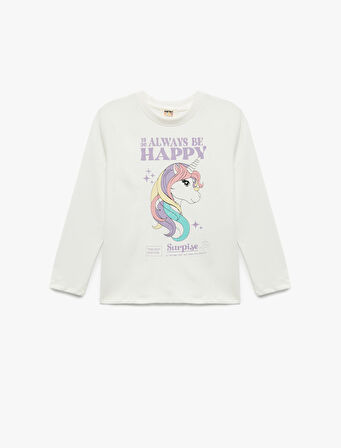 Pamuklu Uzun Kollu Bisiklet Yaka Unicorn Baskılı Tişört