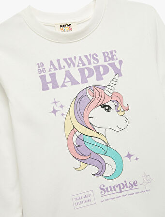Pamuklu Uzun Kollu Bisiklet Yaka Unicorn Baskılı Tişört