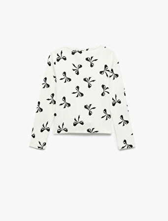 Fiyonk Desenli Uzun Kollu Bisiklet Yaka Pamuklu Tişört