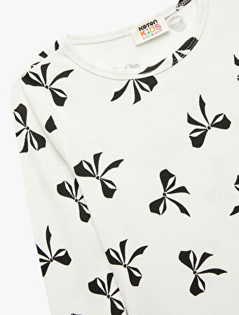 Fiyonk Desenli Uzun Kollu Bisiklet Yaka Pamuklu Tişört