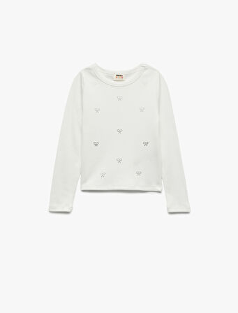 Fiyonk Taş Detaylı Uzun Kollu Bisiklet Yaka Pamuklu Tişört