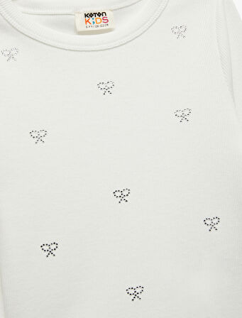 Fiyonk Taş Detaylı Uzun Kollu Bisiklet Yaka Pamuklu Tişört