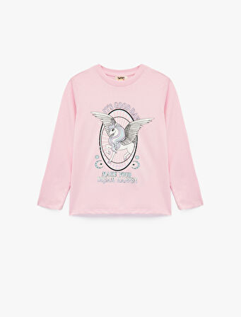 Pamuklu Unicorn Baskılı Uzun Kollu Bisiklet Yaka Tişört