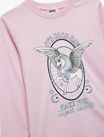 Pamuklu Unicorn Baskılı Uzun Kollu Bisiklet Yaka Tişört