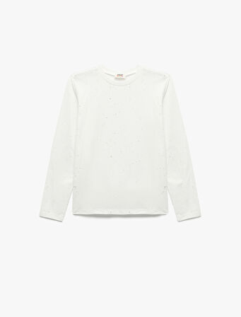 Uzun Kollu Bisiklet Yaka Sim Detaylı Pamuklu Tişört