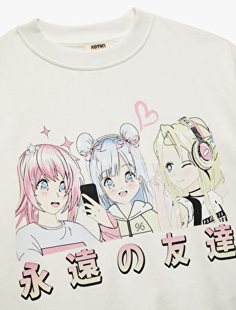 Uzun Kollu Bisiklet Yaka Pamuklu Anime Baskılı Sweatshirt