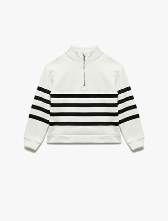 Şardonlu Uzun Kollu Fermuarlı Yarım Balıkçı Yaka Oversize Sweatshirt