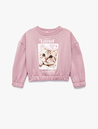 Beli Lastikli Şardonlu Uzun Kollu Bisiklet Yaka Kedili Crop Sweatshirt