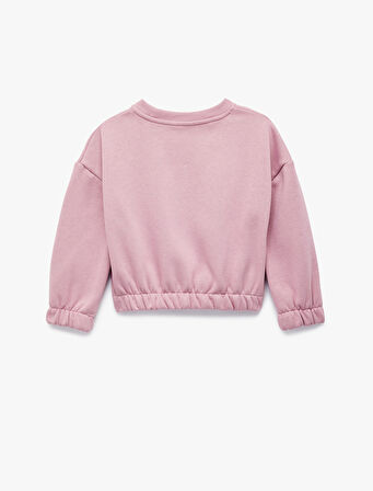 Beli Lastikli Şardonlu Uzun Kollu Bisiklet Yaka Kedili Crop Sweatshirt