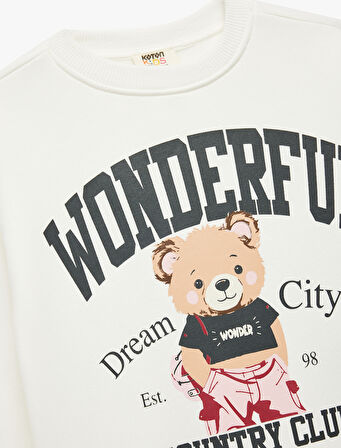 Uzun Kollu Bisiklet Yaka Şardonlu Ayıcık Baskılı Sweatshirt