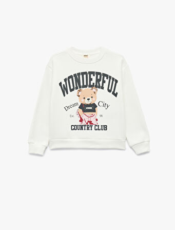 Uzun Kollu Bisiklet Yaka Şardonlu Ayıcık Baskılı Sweatshirt