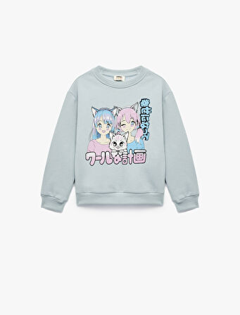 Uzun Kollu Bisiklet Yaka Şardonlu Baskılı Sweatshirt