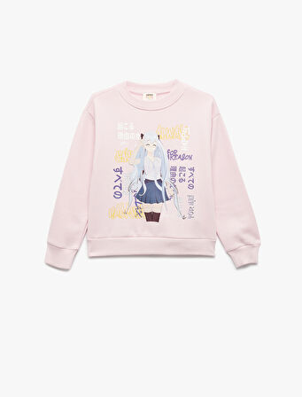 Uzun Kollu Bisiklet Yaka Şardonlu Anime Baskılı Sweatshirt