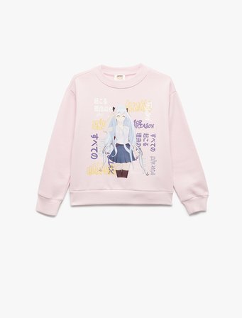 Uzun Kollu Bisiklet Yaka Şardonlu Anime Baskılı Sweatshirt